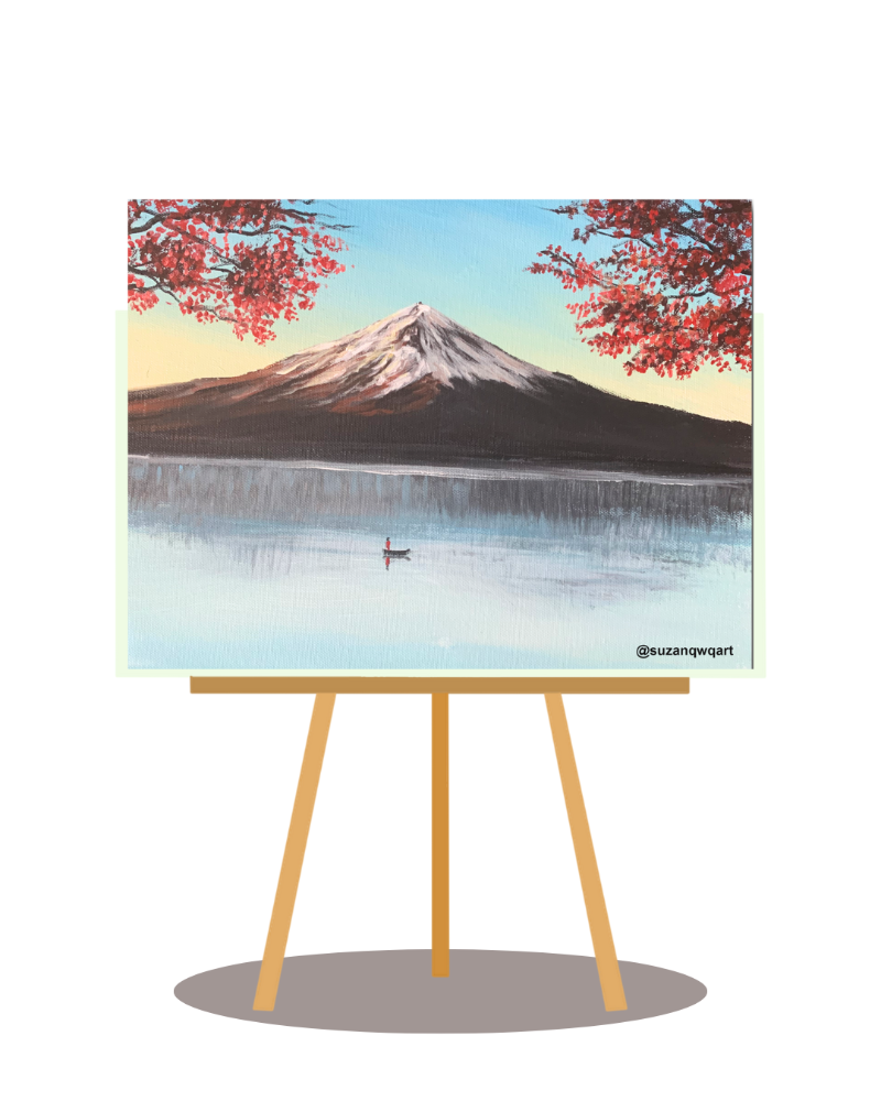 Art painting of a mountain landscape with cherry blossoms on an easel