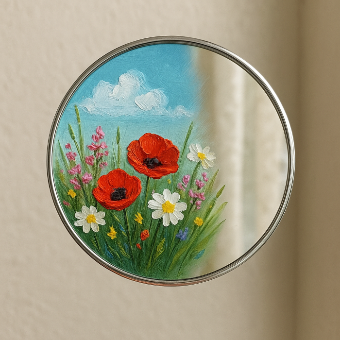 Round mirror with floral design on a beige background