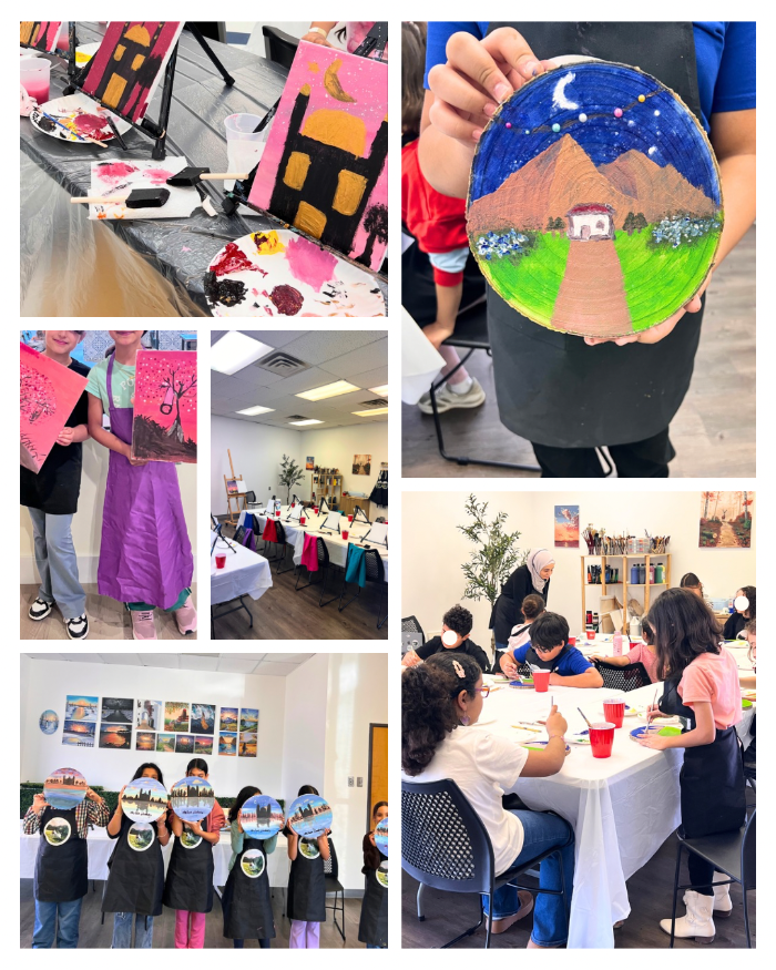 Collage of children's art projects and classroom activities.