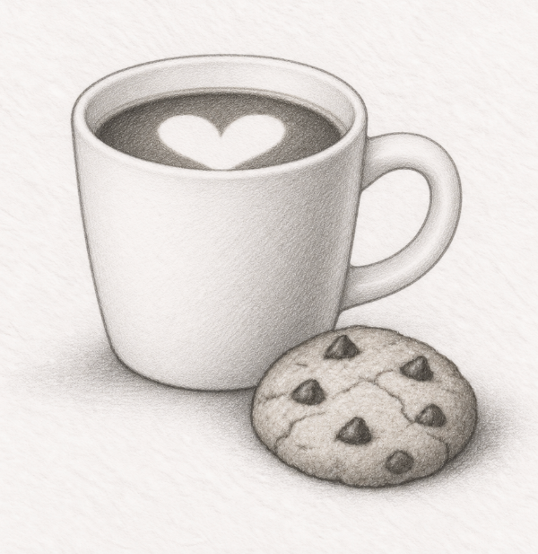 A grayscale pencil-style illustration of a white coffee mug with a heart-shaped latte art pattern and a chocolate chip cookie on a textured off-white background.