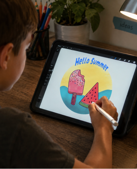 Child coloring a digital drawing of ice cream and watermelon on a tablet with 'Hello Summer' text.