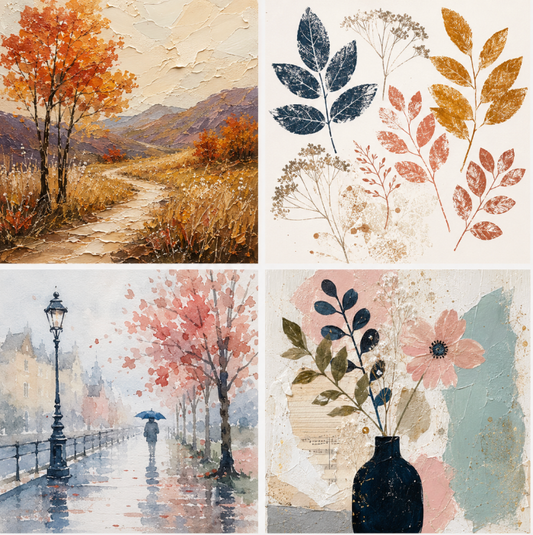 A 2x2 collage of textured art prints featuring autumn landscapes, botanical leaf illustrations, a rainy city street with an umbrella, and a floral arrangement in a vase.