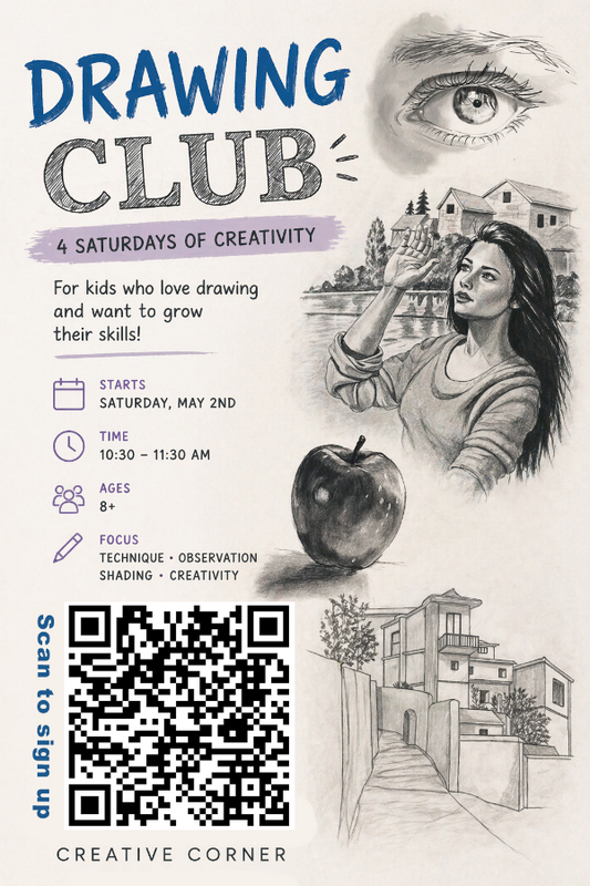 Drawing club flyer with text and illustrations of a girl, apple, and house.