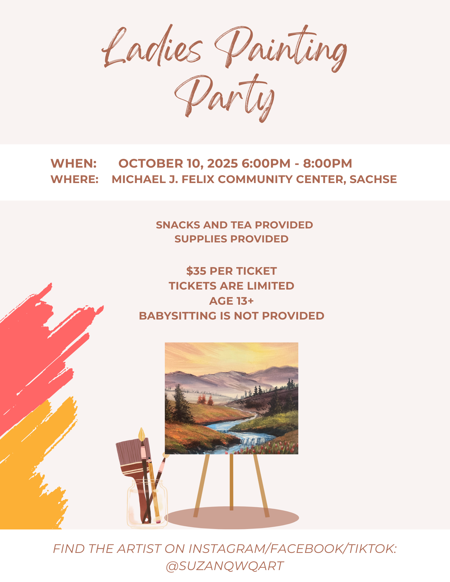 Promotional flyer for a Ladies Painting Party with event details and an image of a landscape painting.