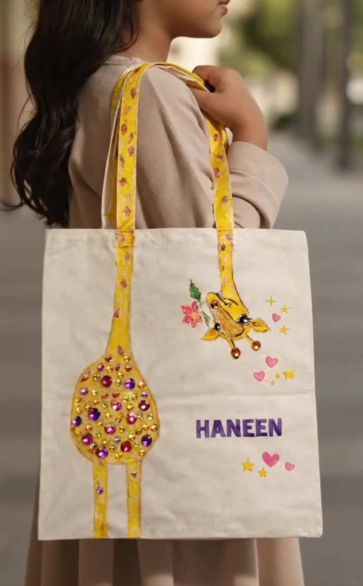 girl holding canvas tote bag