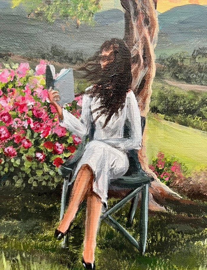 Original Painting of a Tranquil Spring Landscape with Lady Reading