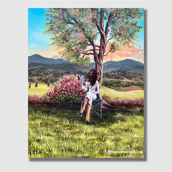 Original Painting of a Tranquil Spring Landscape with Lady Reading